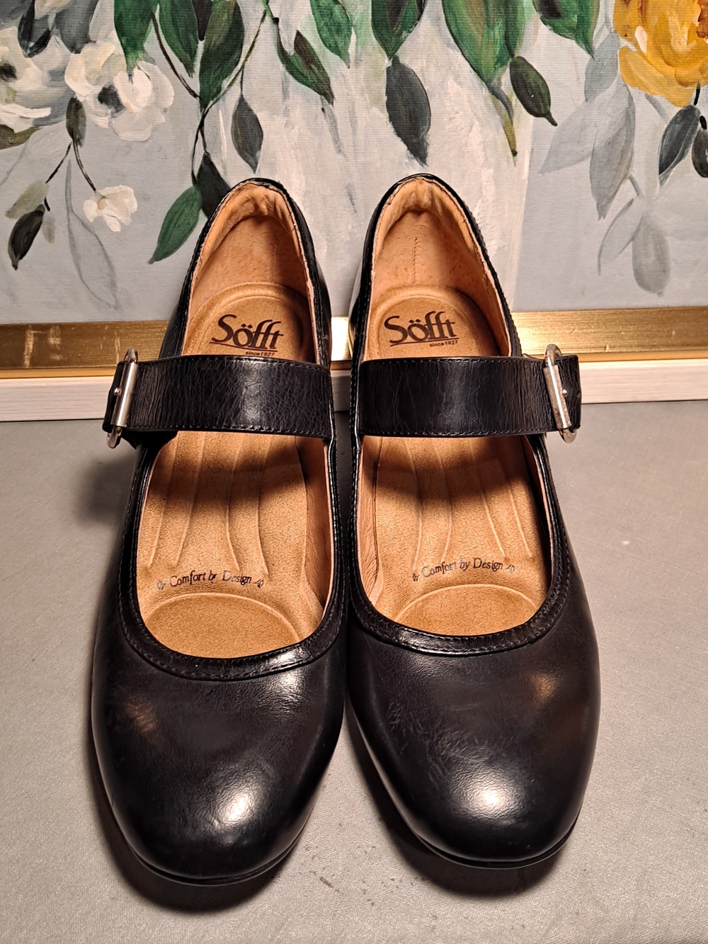 Söfft Lorna Black Smooth Leather Mary Jane Wedge Pumps Buckle Strap Size 7